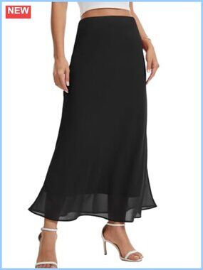 Womens Chiffon Maxi Skirt High Waist A-Line Flowy Midi Skirt with Lining